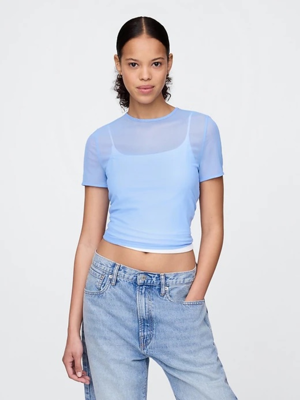 Gap Mesh Crop T-Shirt Periwinkle Blue Sheer Crewneck 90s Y2K Festival Punk M